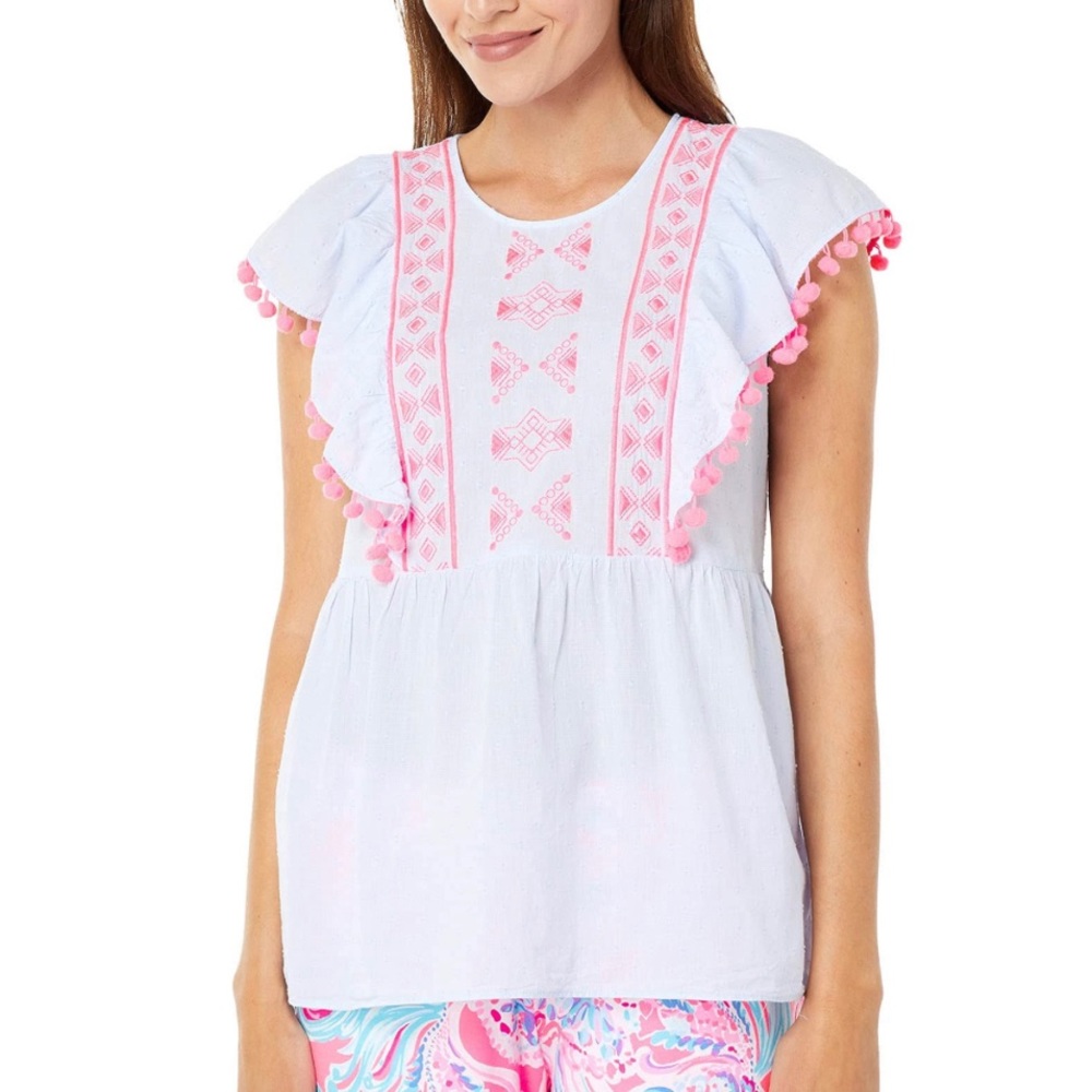 Lilly Pulitzer Raquelle Top Boho Embroidered Pom Pom Swiss Dot Blue Pink M